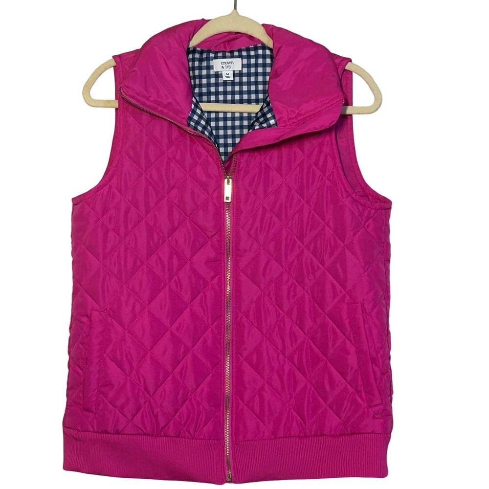 Crown &‎ Ivy Womens Hot Pink Quilted Puffer Vest Gingham Lining Size M Full Zip